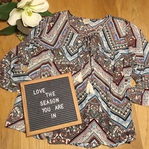 Eyelash Couture Print Blouse Bell Sleeve Tassel 3X